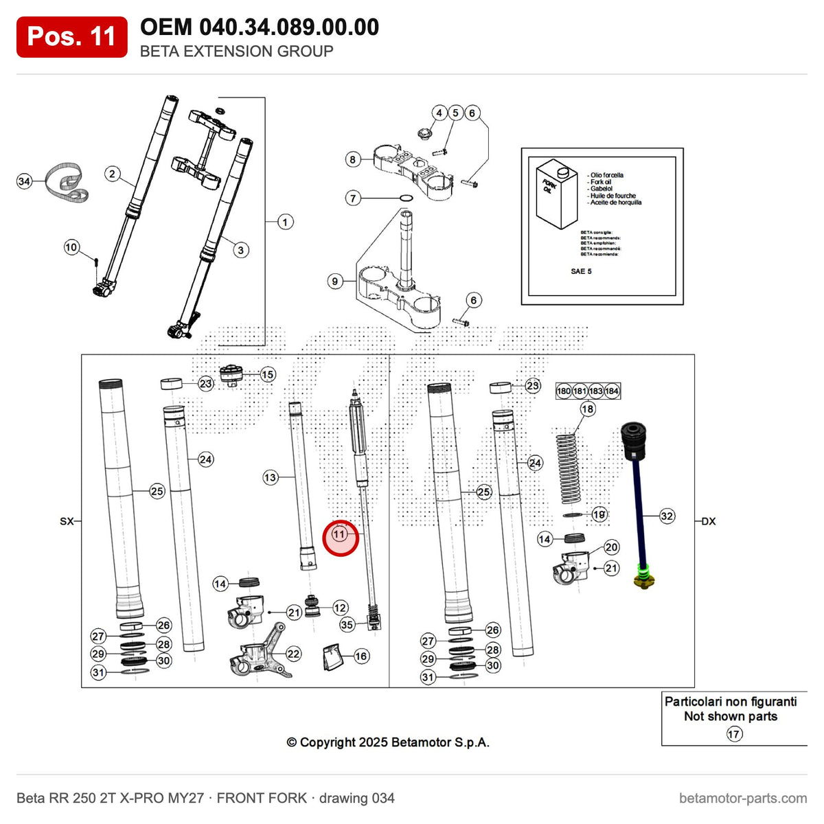 BETA EXTENSION GROUP – OEM 040.34.089.00.00, position 11 on the Beta RR 250 2T X-PRO MY27 front fork drawing