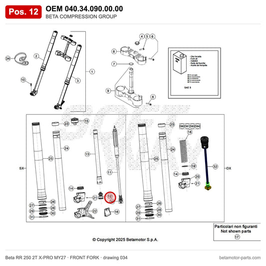 BETA COMPRESSION GROUP – OEM 040.34.090.00.00, position 12 on the Beta RR 250 2T X-PRO MY27 front fork drawing