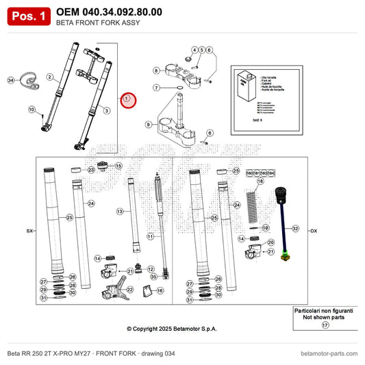 BETA FRONT FORK ASSY – OEM 040.34.092.80.00, position 1 on the Beta RR 250 2T X-PRO MY27 front fork drawing