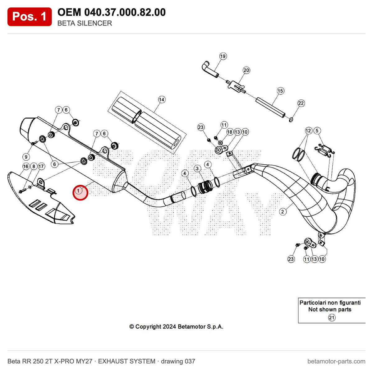 BETA SILENCER – OEM 040.37.000.82.00, position 1 on the Beta RR 250 2T X-PRO MY27 exhaust system drawing