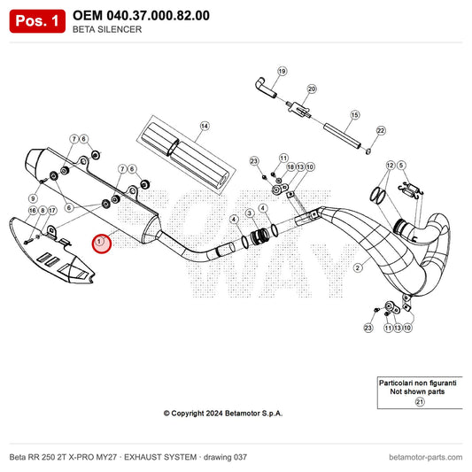 BETA SILENCER – OEM 040.37.000.82.00, position 1 on the Beta RR 250 2T X-PRO MY27 exhaust system drawing