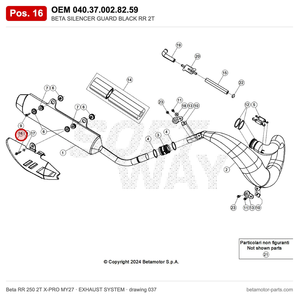 BETA SILENCER GUARD BLACK RR 2T – OEM 040.37.002.82.59, position 16 on the Beta RR 250 2T X-PRO MY27 exhaust system drawing