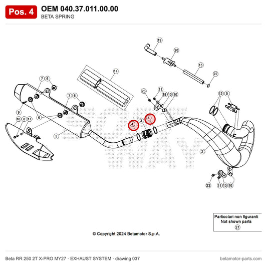 BETA SPRING – OEM 040.37.011.00.00, position 4 on the Beta RR 250 2T X-PRO MY27 exhaust system drawing