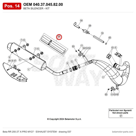 BETA SILENCER - KIT – OEM 040.37.045.82.00, position 14 on the Beta RR 250 2T X-PRO MY27 exhaust system drawing