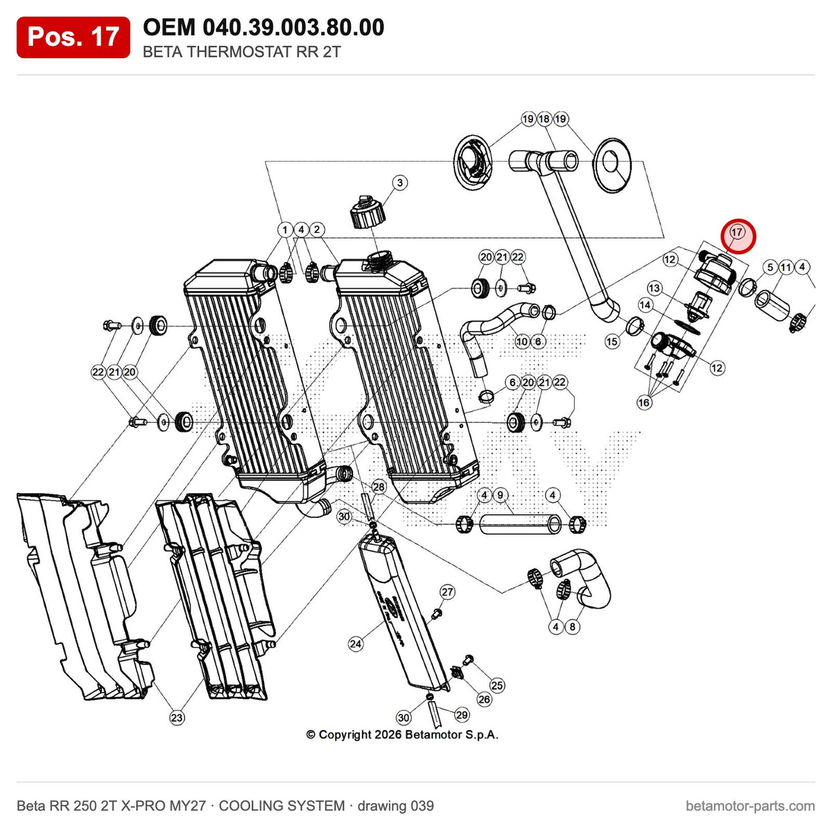BETA THERMOSTAT RR 2T – OEM 040.39.003.80.00, position 17 on the Beta RR 250 2T X-PRO MY27 cooling system drawing