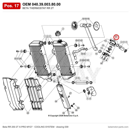 BETA THERMOSTAT RR 2T – OEM 040.39.003.80.00, position 17 on the Beta RR 250 2T X-PRO MY27 cooling system drawing