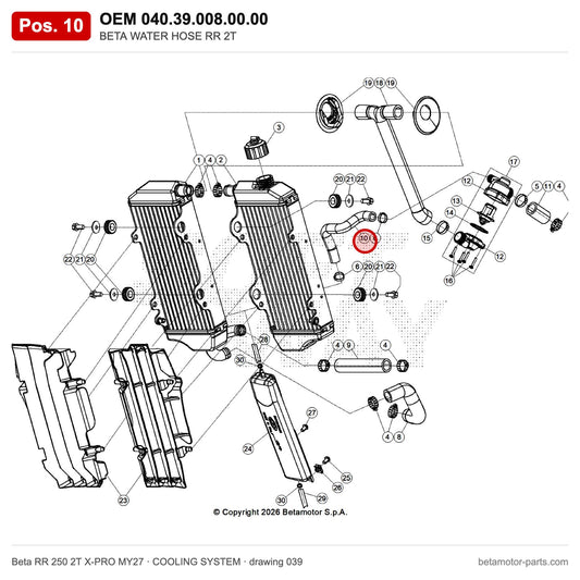 BETA WATER HOSE RR 2T – OEM 040.39.008.00.00, position 10 on the Beta RR 250 2T X-PRO MY27 cooling system drawing