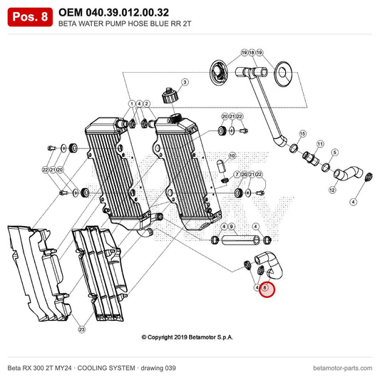 BETA WATER PUMP HOSE BLUE RR 2T – OEM 040.39.012.00.32, position 8 on the Beta RX 300 2T MY24 cooling system drawing