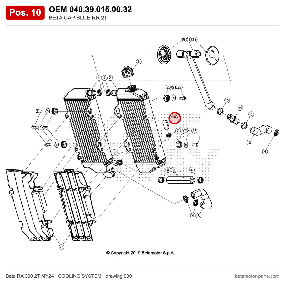 BETA CAP BLUE RR 2T – OEM 040.39.015.00.32, position 10 on the Beta RX 300 2T MY24 cooling system drawing