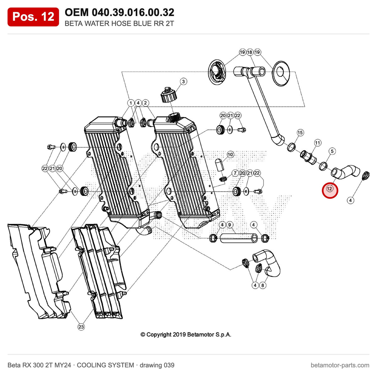 BETA WATER HOSE BLUE RR 2T – OEM 040.39.016.00.32, position 12 on the Beta RX 300 2T MY24 cooling system drawing