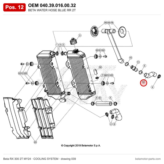 BETA WATER HOSE BLUE RR 2T – OEM 040.39.016.00.32, position 12 on the Beta RX 300 2T MY24 cooling system drawing