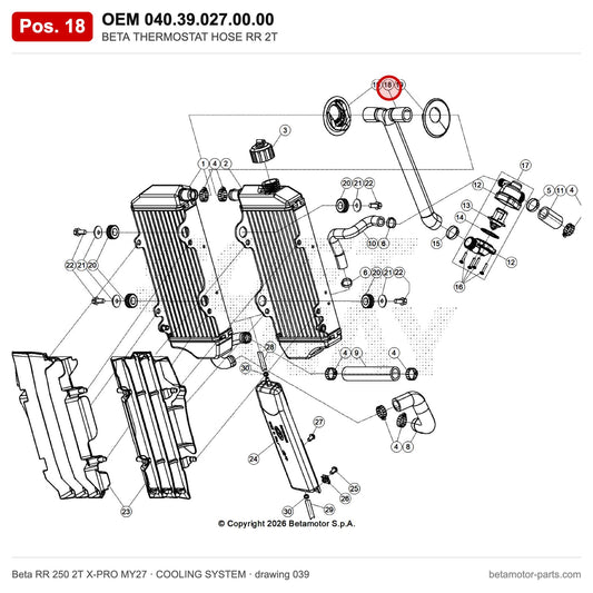 BETA THERMOSTAT HOSE RR 2T – OEM 040.39.027.00.00, position 18 on the Beta RR 250 2T X-PRO MY27 cooling system drawing