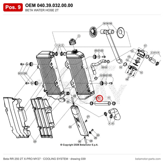 BETA WATER HOSE 2T – OEM 040.39.032.00.00, position 9 on the Beta RR 250 2T X-PRO MY27 cooling system drawing