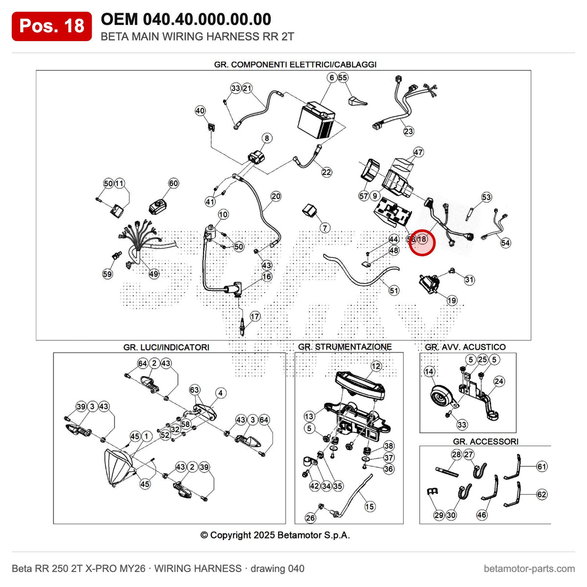 BETA MAIN WIRING HARNESS RR 2T – OEM 040.40.000.00.00, position 18 on the Beta RR 250 2T X-PRO MY26 wiring harness drawing