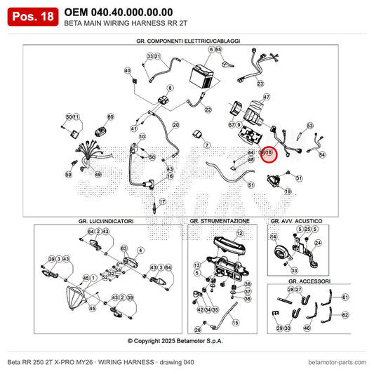 BETA MAIN WIRING HARNESS RR 2T – OEM 040.40.000.00.00, position 18 on the Beta RR 250 2T X-PRO MY26 wiring harness drawing