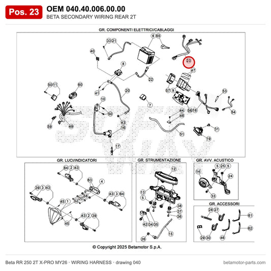 BETA SECONDARY WIRING REAR 2T – OEM 040.40.006.00.00, position 23 on the Beta RR 250 2T X-PRO MY26 wiring harness drawing