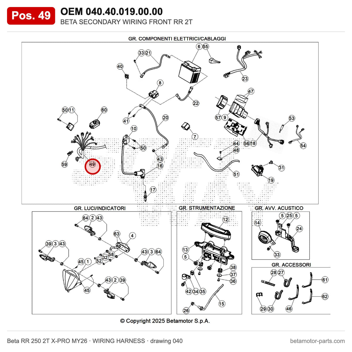 BETA SECONDARY WIRING FRONT RR 2T – OEM 040.40.019.00.00, position 49 on the Beta RR 250 2T X-PRO MY26 wiring harness drawing