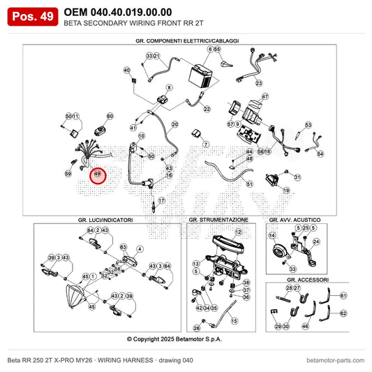 BETA SECONDARY WIRING FRONT RR 2T – OEM 040.40.019.00.00, position 49 on the Beta RR 250 2T X-PRO MY26 wiring harness drawing