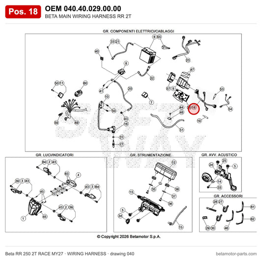 BETA MAIN WIRING HARNESS RR 2T – OEM 040.40.029.00.00, position 18 on the Beta RR 250 2T RACE MY27 wiring harness drawing