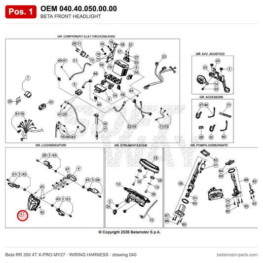BETA FRONT HEADLIGHT – OEM 040.40.050.00.00, position 1 on the Beta RR 350 4T X-PRO MY27 wiring harness drawing