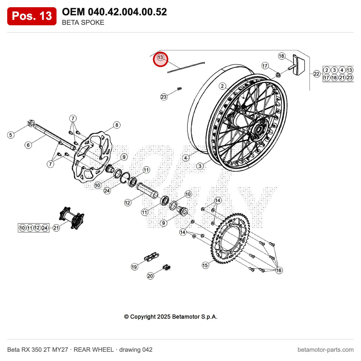 BETA SPOKE – OEM 040.42.004.00.52, position 13 on the Beta RX 350 2T MY27 rear wheel drawing