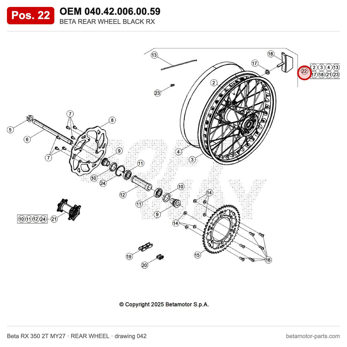 BETA REAR WHEEL BLACK RX – OEM 040.42.006.00.59, position 22 on the Beta RX 350 2T MY27 rear wheel drawing