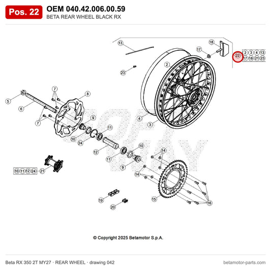 BETA REAR WHEEL BLACK RX – OEM 040.42.006.00.59, position 22 on the Beta RX 350 2T MY27 rear wheel drawing