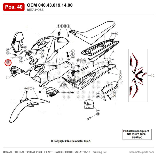 BETA HOSE – OEM 040.43.019.14.00, position 40 on the Beta ALP RED ALP 200 4T 2024 plastic accessories/seat/tank drawing