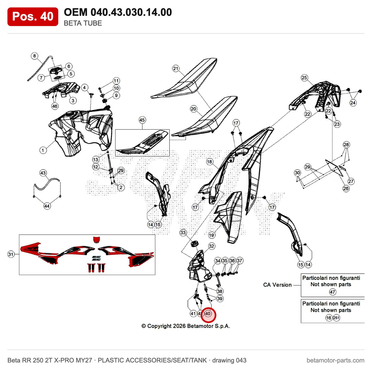 BETA TUBE – OEM 040.43.030.14.00, position 40 on the Beta RR 250 2T X-PRO MY27 plastic accessories/seat/tank drawing