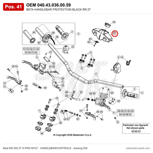 BETA HANDLEBAR PROTECTION BLACK RR 2T – OEM 040.43.036.00.59, position 41 on the Beta RR 250 2T X-PRO MY27 handlebar/controls drawing
