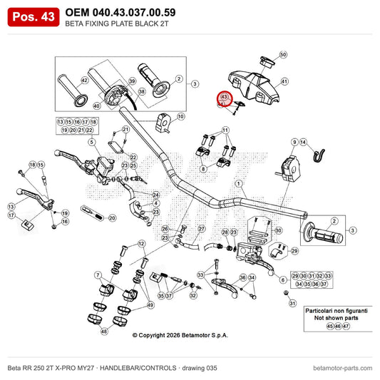 BETA FIXING PLATE BLACK 2T – OEM 040.43.037.00.59, position 43 on the Beta RR 250 2T X-PRO MY27 handlebar/controls drawing
