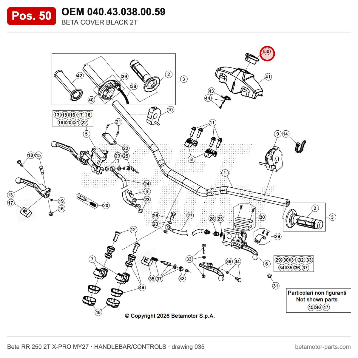 BETA COVER BLACK 2T – OEM 040.43.038.00.59, position 50 on the Beta RR 250 2T X-PRO MY27 handlebar/controls drawing