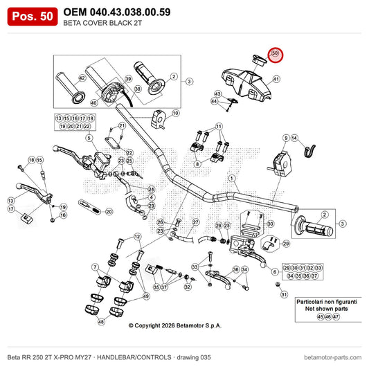 BETA COVER BLACK 2T – OEM 040.43.038.00.59, position 50 on the Beta RR 250 2T X-PRO MY27 handlebar/controls drawing