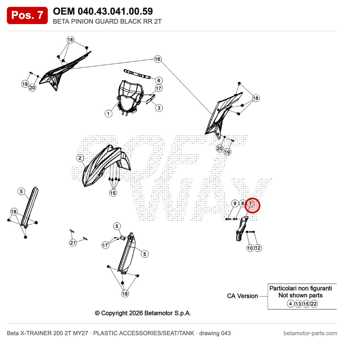 BETA PINION GUARD BLACK RR 2T – OEM 040.43.041.00.59, position 7 on the Beta X-TRAINER 200 2T MY27 plastic accessories/seat/tank drawing