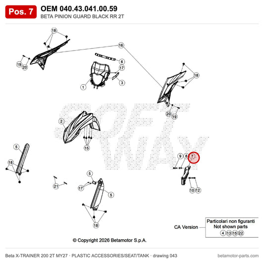 BETA PINION GUARD BLACK RR 2T – OEM 040.43.041.00.59, position 7 on the Beta X-TRAINER 200 2T MY27 plastic accessories/seat/tank drawing