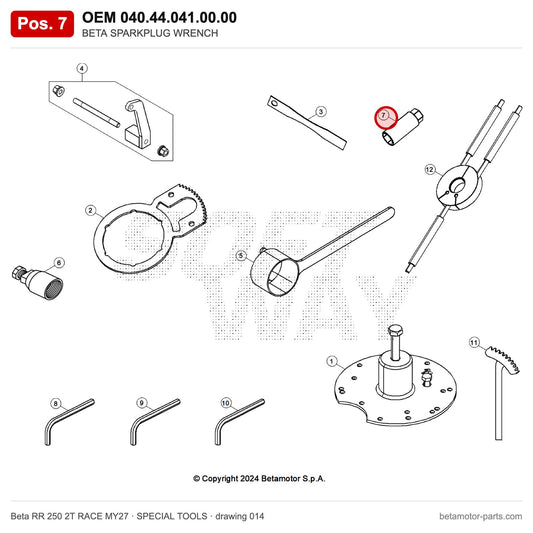 BETA SPARKPLUG WRENCH – OEM 040.44.041.00.00, position 7 on the Beta RR 250 2T RACE MY27 special tools drawing