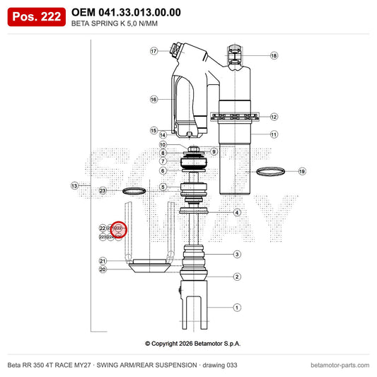 BETA SPRING K 5,0 N/MM – OEM 041.33.013.00.00, position 222 on the Beta RR 350 4T RACE MY27 swing arm/rear suspension drawing