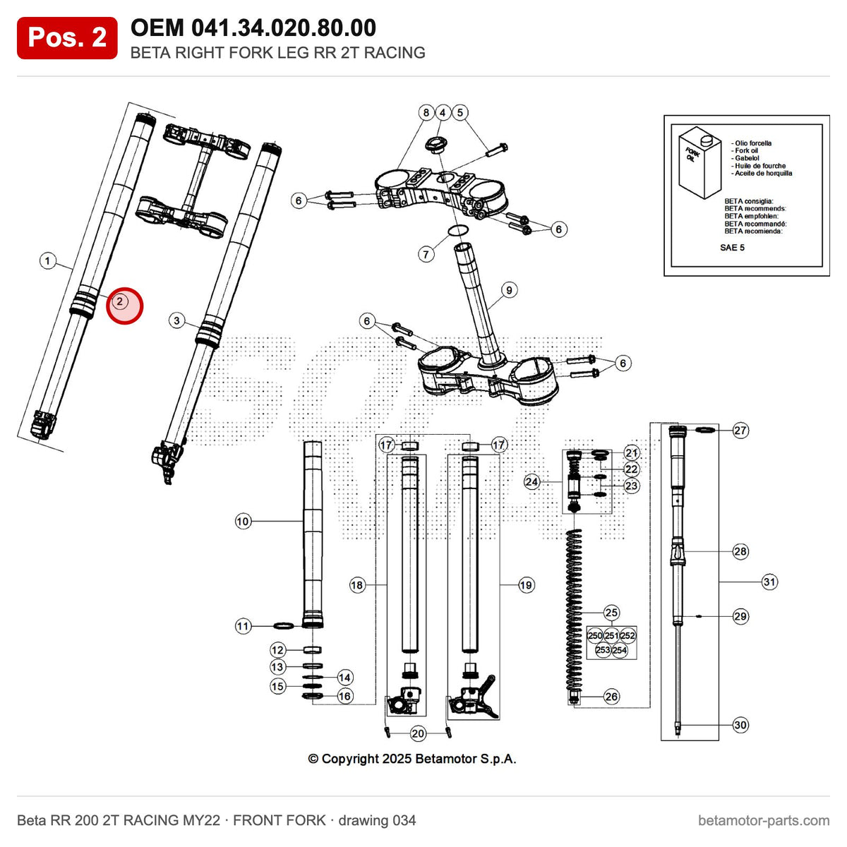 BETA RIGHT FORK LEG RR 2T RACING – OEM 041.34.020.80.00, position 2 on the Beta RR 200 2T RACING MY22 front fork drawing