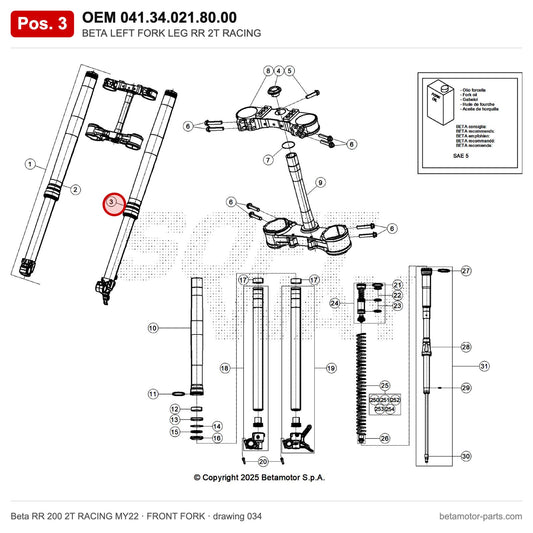BETA LEFT FORK LEG RR 2T RACING – OEM 041.34.021.80.00, position 3 on the Beta RR 200 2T RACING MY22 front fork drawing