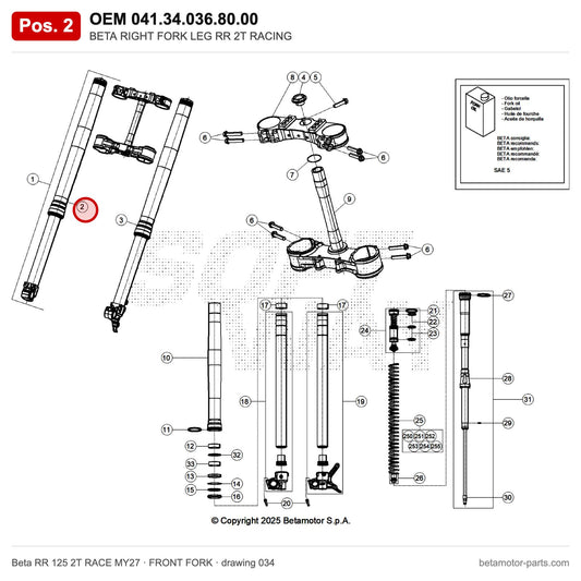 BETA RIGHT FORK LEG RR 2T RACING – OEM 041.34.036.80.00, position 2 on the Beta RR 125 2T RACE MY27 front fork drawing