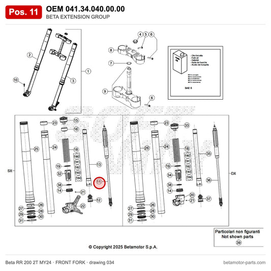BETA EXTENSION GROUP – OEM 041.34.040.00.00, position 11 on the Beta RR 200 2T MY24 front fork drawing