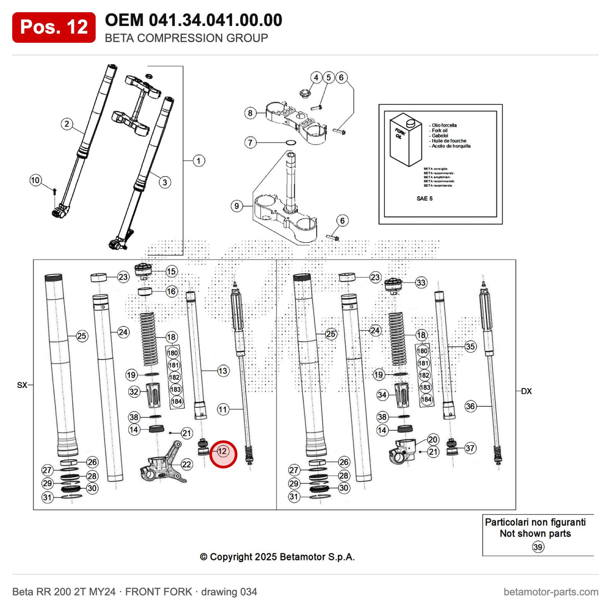 BETA COMPRESSION GROUP – OEM 041.34.041.00.00, position 12 on the Beta RR 200 2T MY24 front fork drawing
