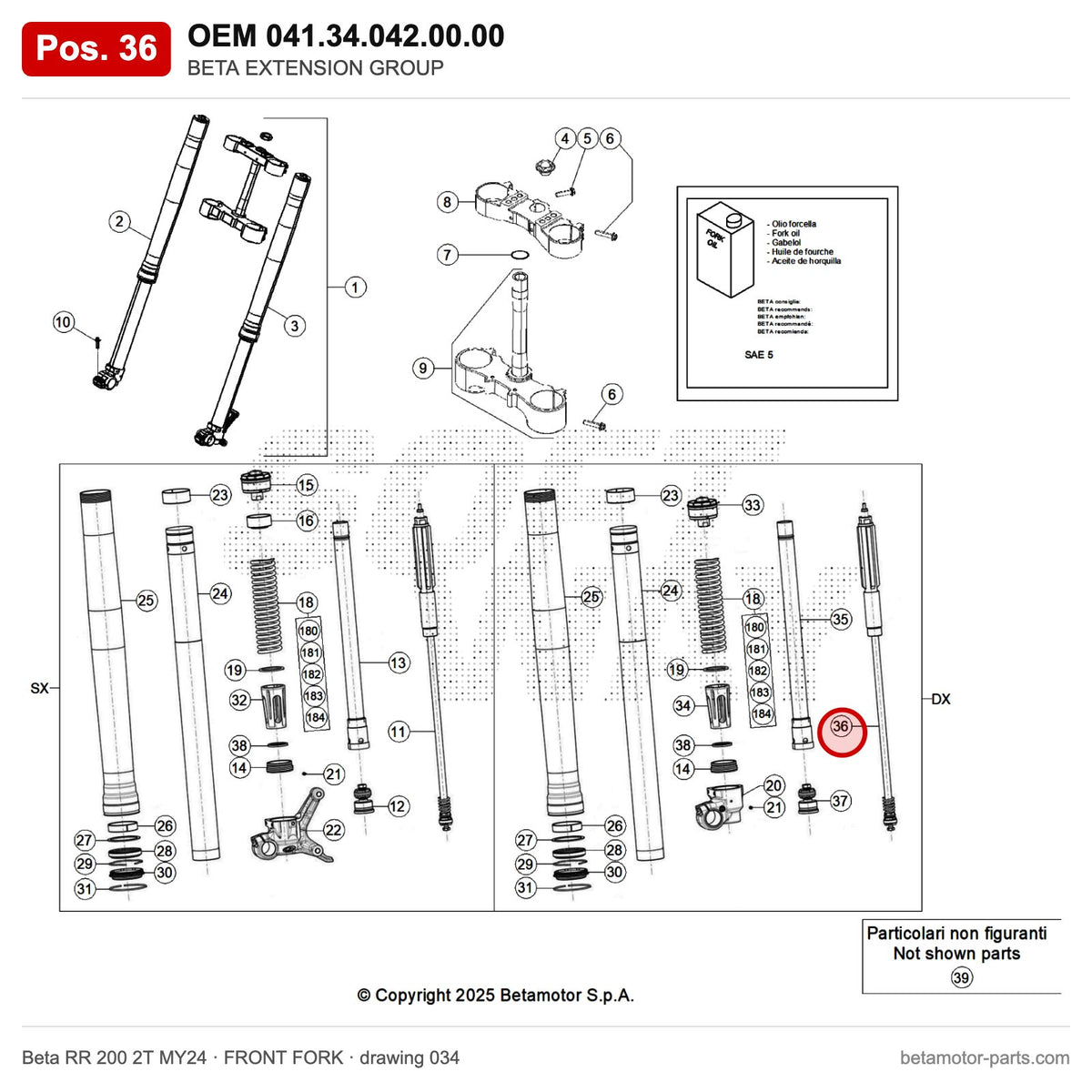 BETA EXTENSION GROUP – OEM 041.34.042.00.00, position 36 on the Beta RR 200 2T MY24 front fork drawing