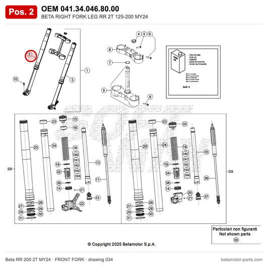 BETA RIGHT FORK LEG RR 2T 125-200 MY24 – OEM 041.34.046.80.00, position 2 on the Beta RR 200 2T MY24 front fork drawing