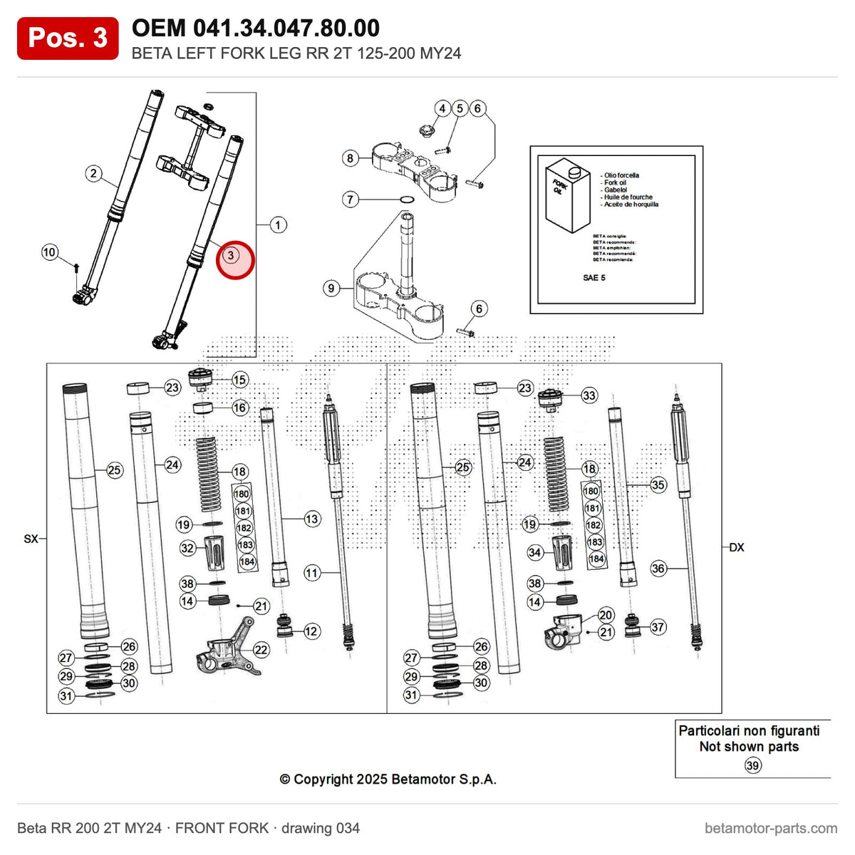 BETA LEFT FORK LEG RR 2T 125-200 MY24 – OEM 041.34.047.80.00, position 3 on the Beta RR 200 2T MY24 front fork drawing