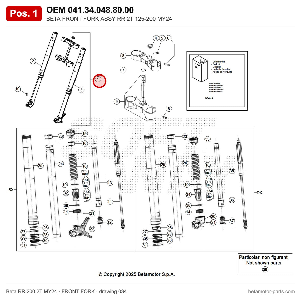 BETA FRONT FORK ASSY RR 2T 125-200 MY24 – OEM 041.34.048.80.00, position 1 on the Beta RR 200 2T MY24 front fork drawing