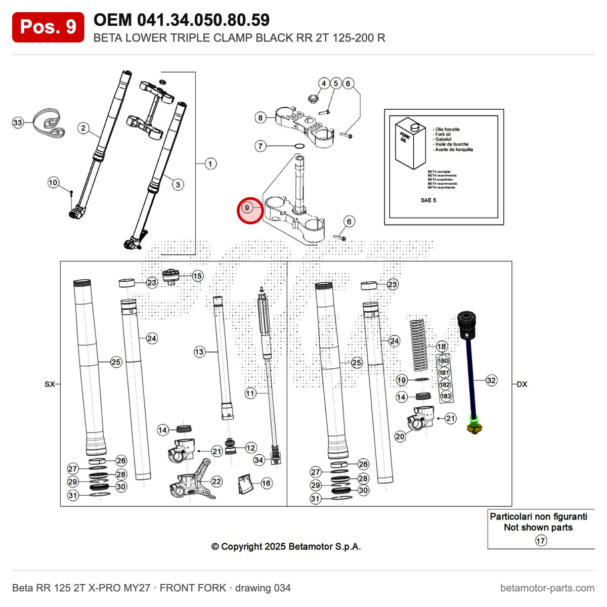BETA LOWER TRIPLE CLAMP BLACK RR 2T 125-200 R – OEM 041.34.050.80.59, position 9 on the Beta RR 125 2T X-PRO MY27 front fork drawing