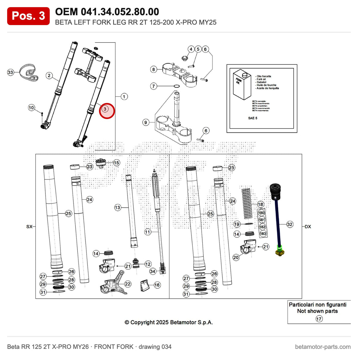 BETA LEFT FORK LEG RR 2T 125-200 X-PRO MY25 – OEM 041.34.052.80.00, position 3 on the Beta RR 125 2T X-PRO MY26 front fork drawing