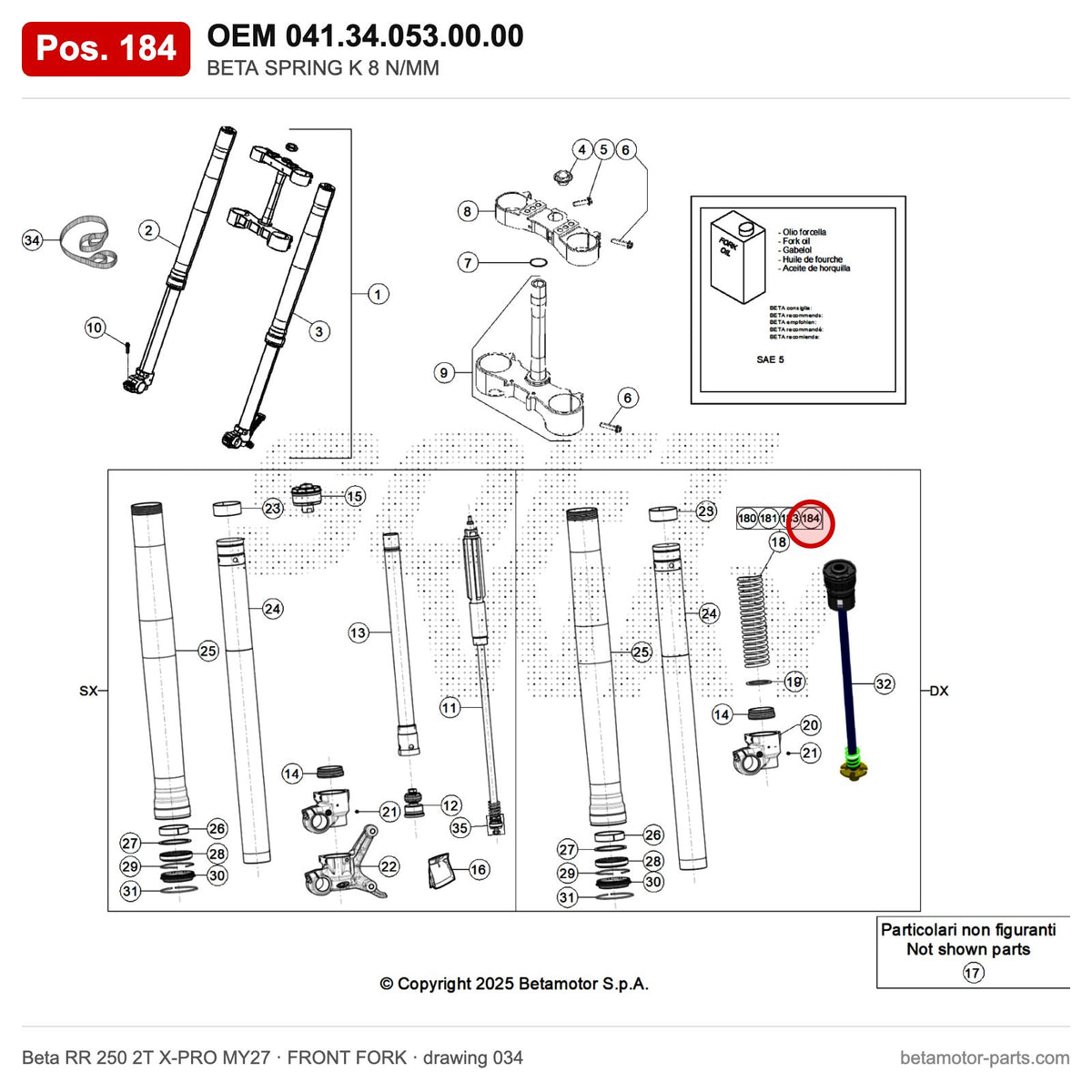 BETA SPRING K 8 N/MM – OEM 041.34.053.00.00, position 184 on the Beta RR 250 2T X-PRO MY27 front fork drawing