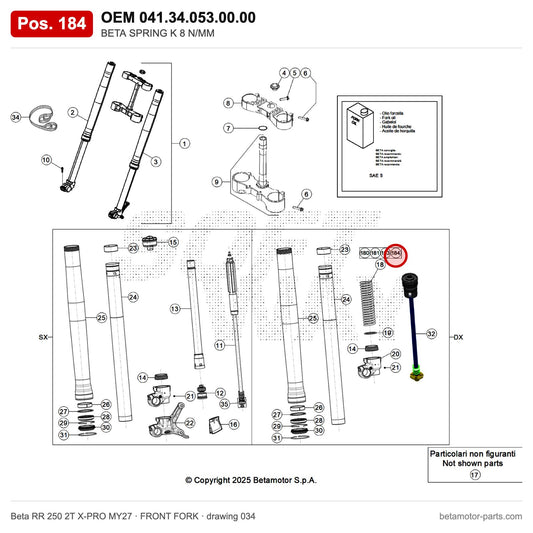 BETA SPRING K 8 N/MM – OEM 041.34.053.00.00, position 184 on the Beta RR 250 2T X-PRO MY27 front fork drawing
